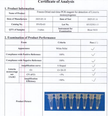 عامل تشخیص PCR در زمان واقعی خشک شده با یخ برای تشخیص بسیار حساس از Listeria monocytogenes بدون نیاز به زنجیره سرد